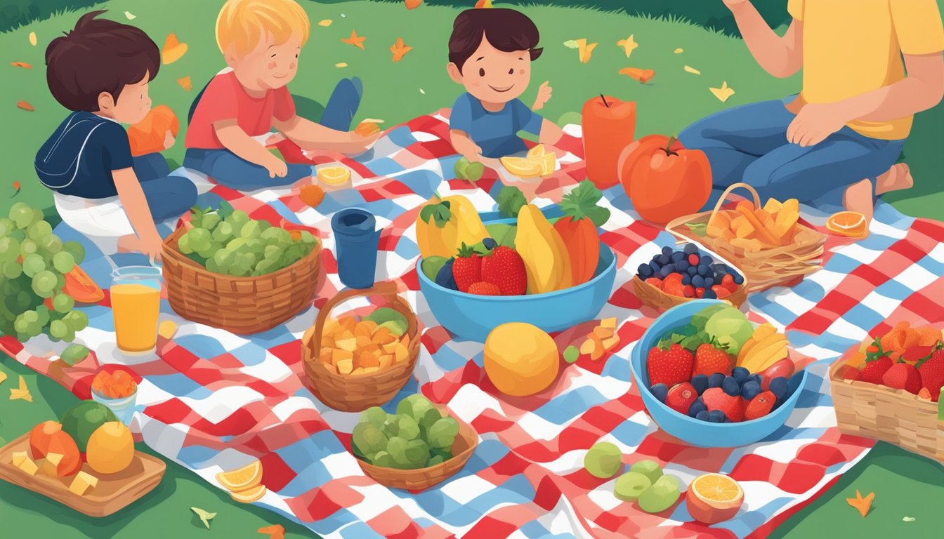 A picnic blanket spread with colorful fruits, vegetables, and snacks in red, white, and blue, surrounded by happy children playing and snacking