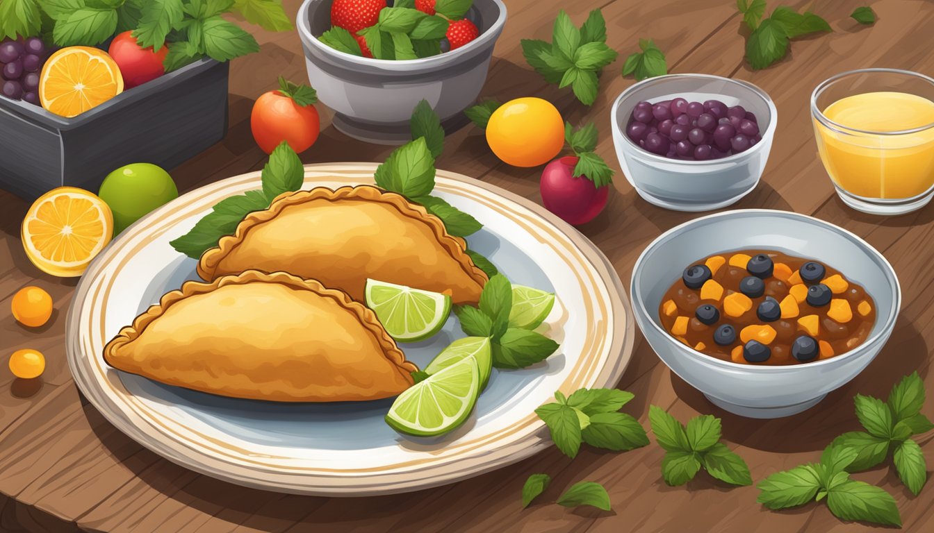 A rustic wooden table with a plate of golden-brown whole wheat empanadas, garnished with fresh herbs and served with a side of colorful fruit