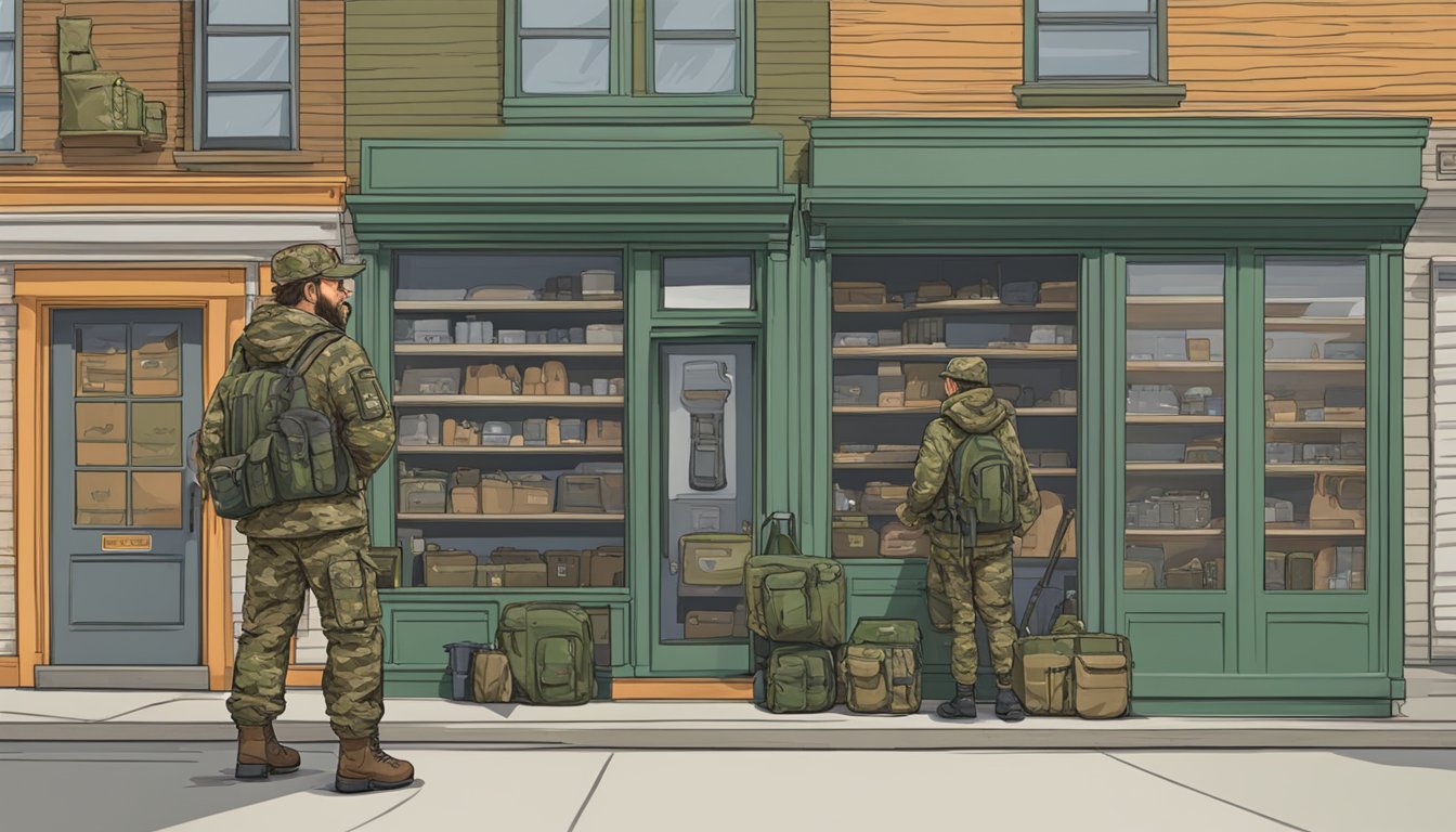 A hunter in camouflage gear stands in front of a row of outfitter shops, comparing gear and equipment in the District of Columbia