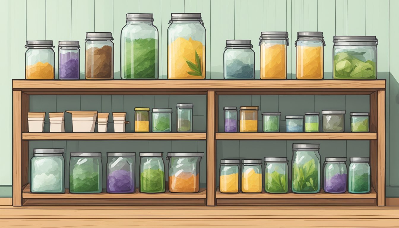 A wooden shelf with neatly organized glass jars of homemade cleaning products, next to a recycling bin filled with eco-friendly packaging and a compost bin for food scraps