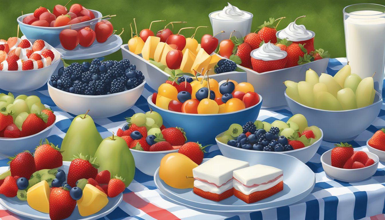 A picnic blanket with red, white, and blue fruit kabobs, yogurt parfaits, and vegetable platters arranged in a festive display