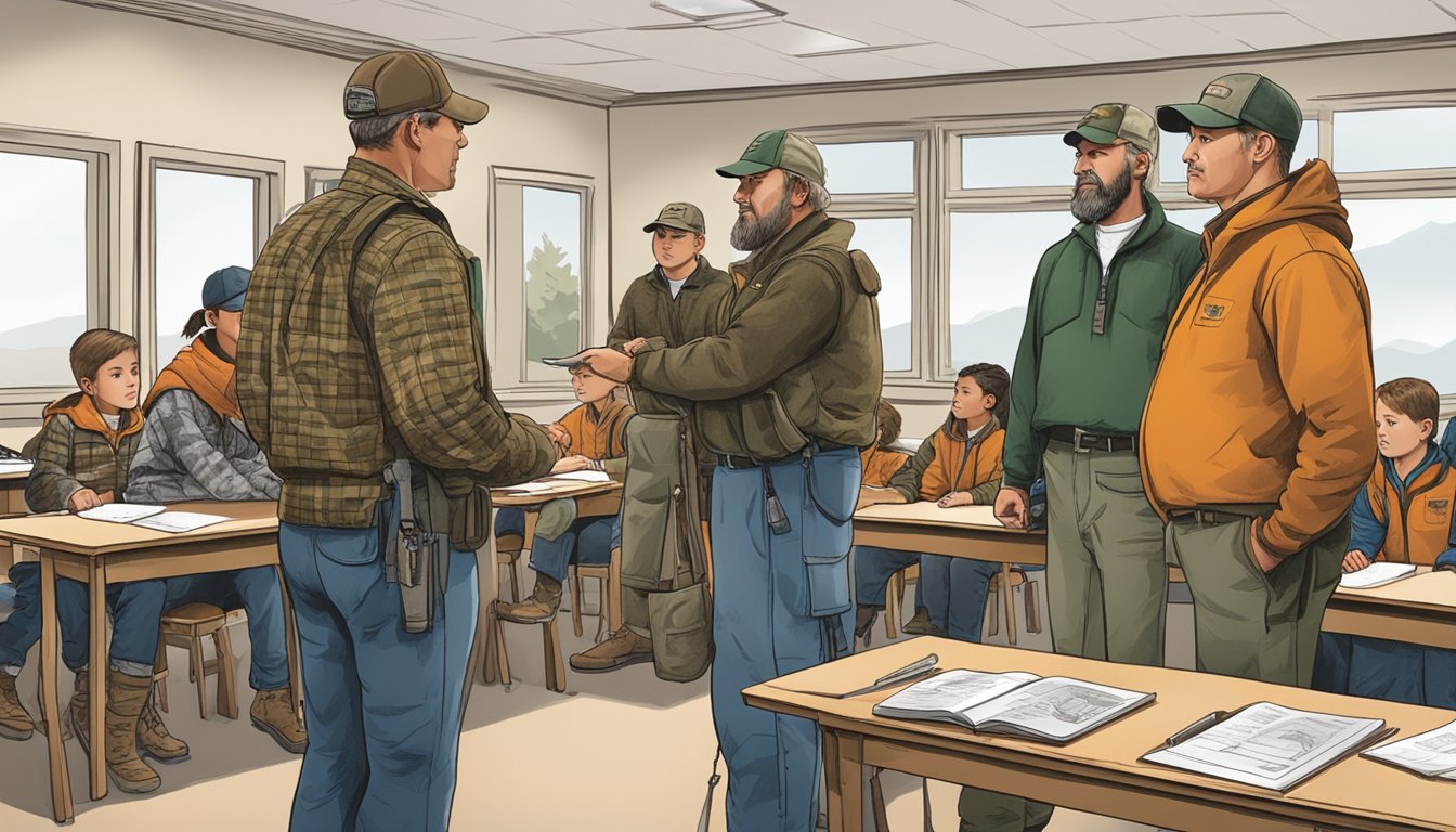 A group of hunters in South Dakota receiving education from an instructor in a classroom setting, with visual aids and materials on hunting safety and regulations