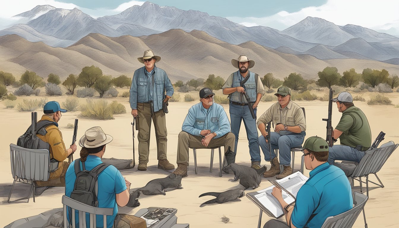 A group of individuals participate in a hands-on hunter education training session in Nevada, learning about firearm safety and wildlife conservation