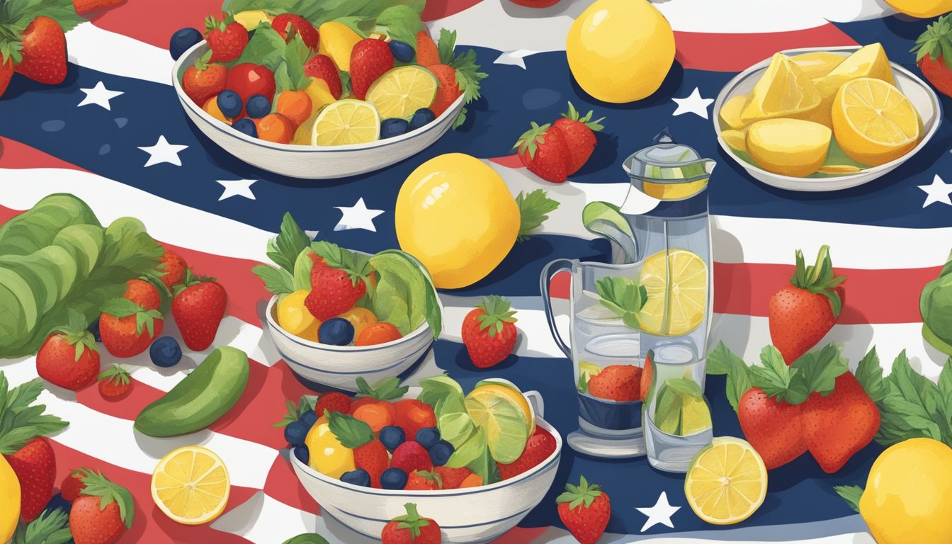 A picnic blanket spread with colorful, fresh fruits and veggies arranged in a festive, patriotic pattern. A bowl of homemade trail mix and a pitcher of refreshing lemonade complete the scene