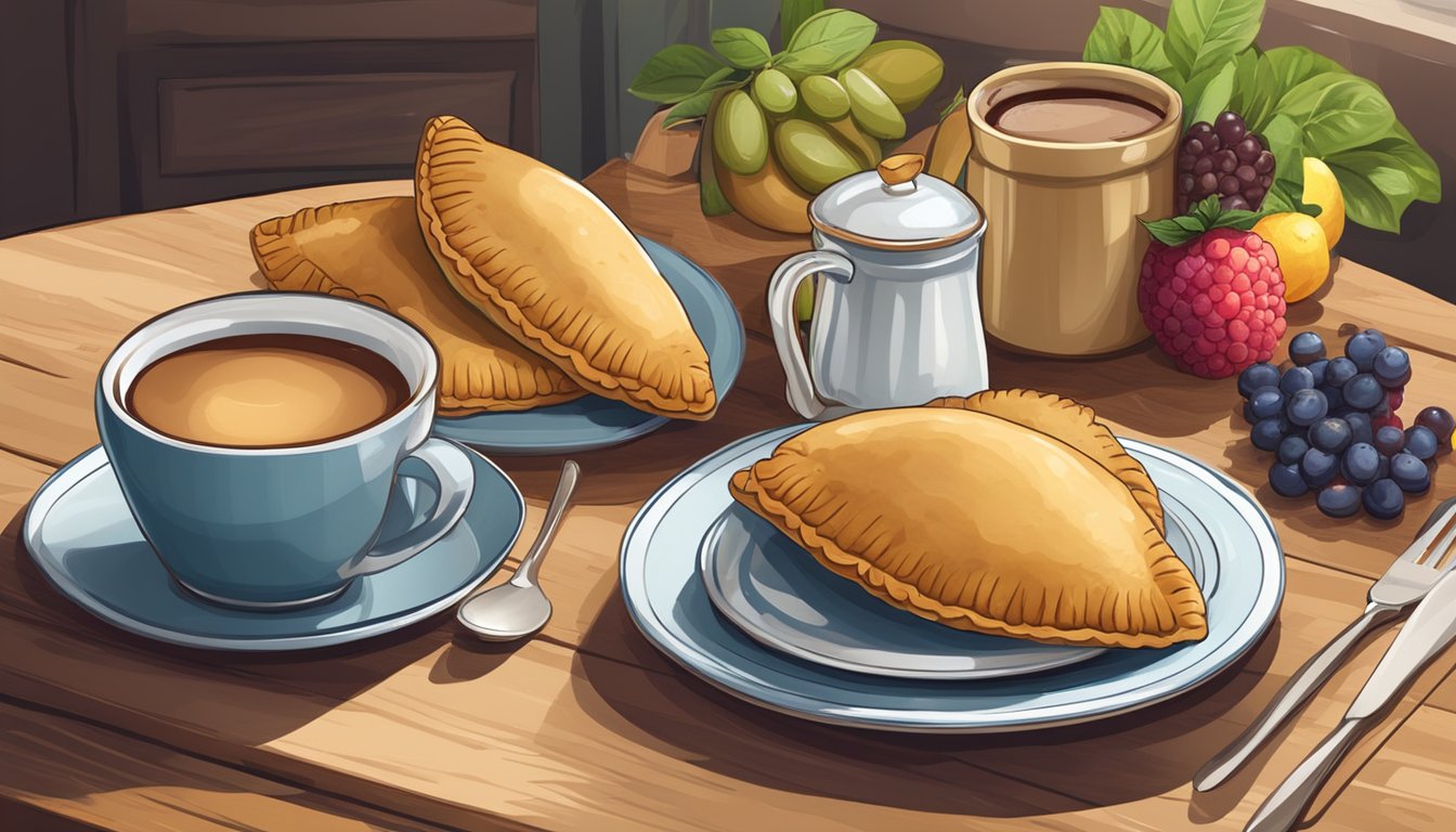 A rustic kitchen table with a plate of golden-brown whole wheat empanadas, surrounded by fresh fruits and a steaming cup of coffee