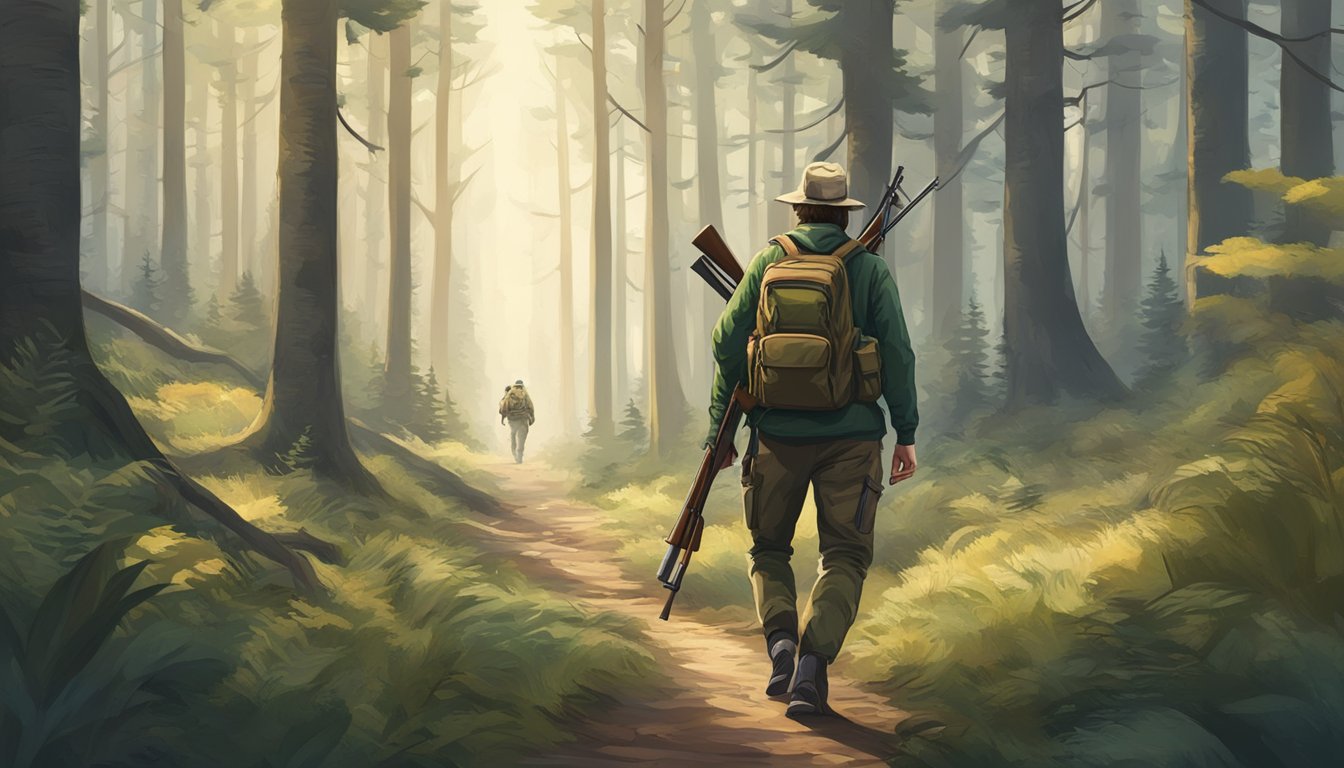 A hunter walking through a forest with a rifle and a backpack, surrounded by trees and wildlife