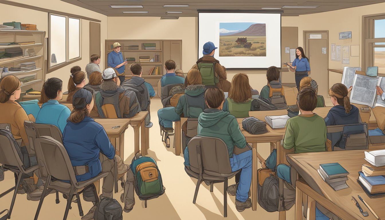 A hunter education class in Nevada, with instructors, students, and resources such as books and safety equipment