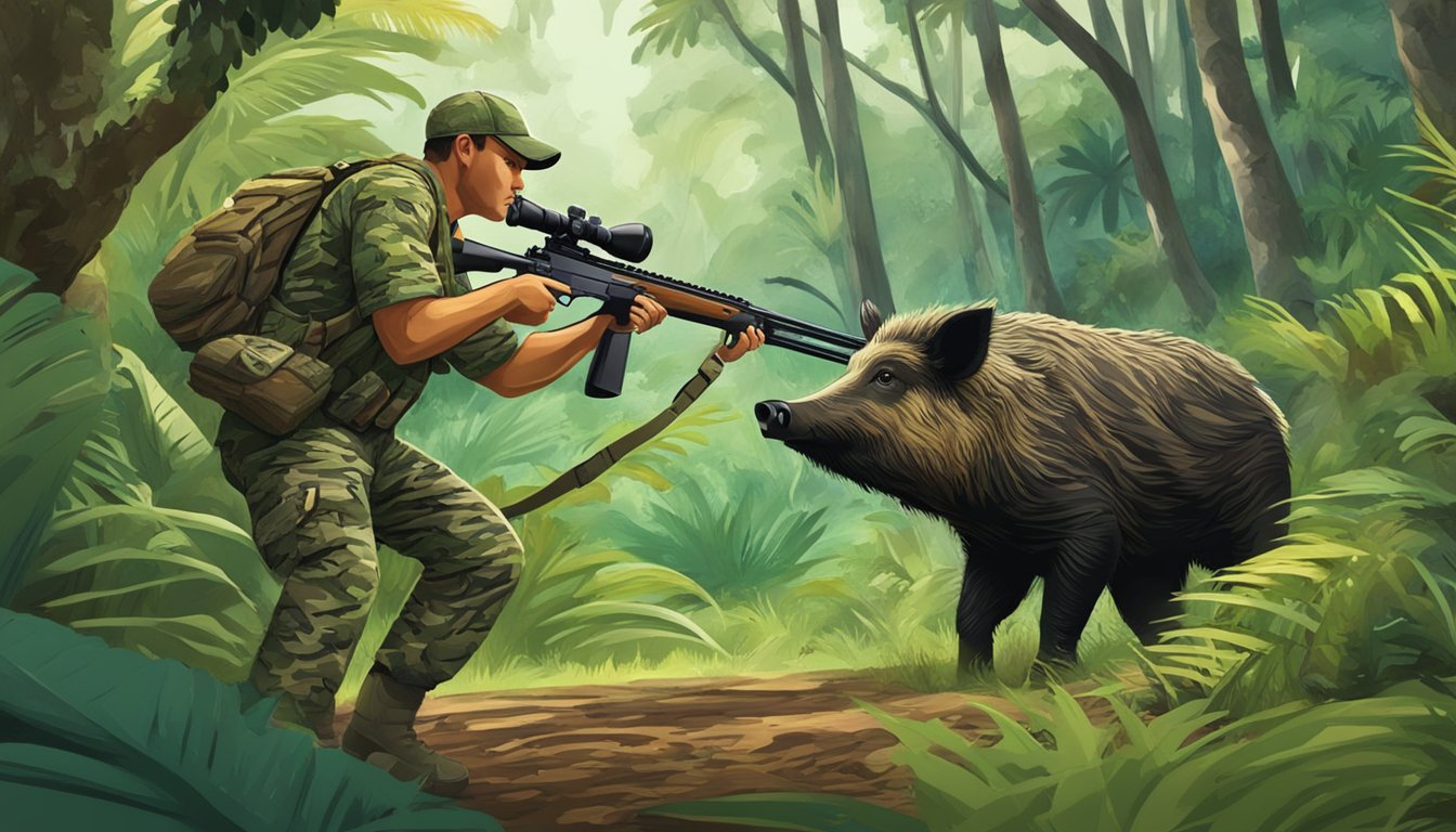 A hunter in camouflage aiming a rifle at a wild boar in the lush Hawaiian forest