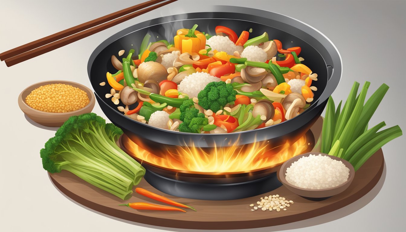 A sizzling wok filled with colorful vegetables, savory mushrooms, and fluffy grains of rice, emitting a mouthwatering aroma