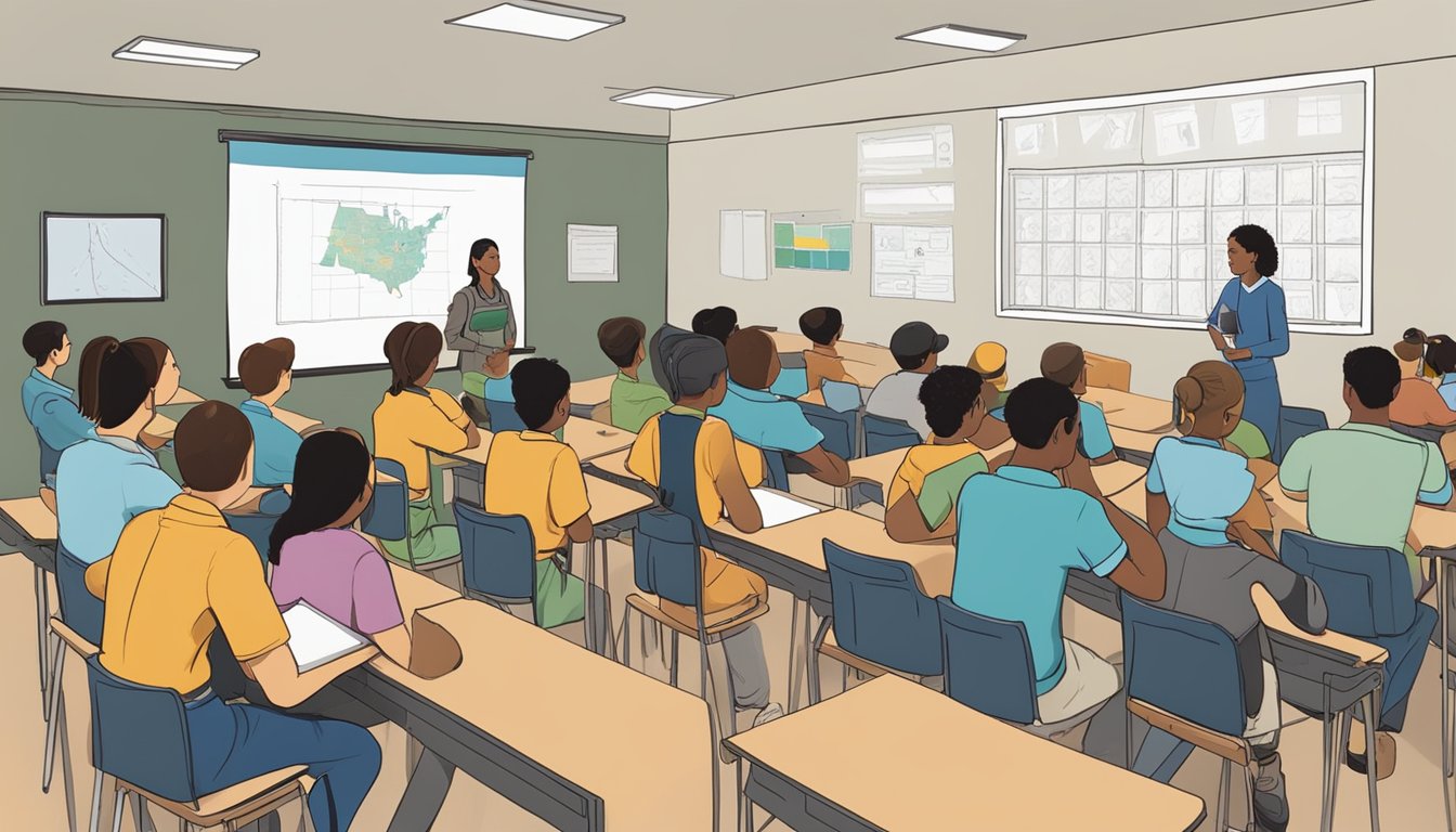 A group of students sit in a classroom, listening to an instructor talk about hunter education. Visual aids and diagrams are displayed on the walls