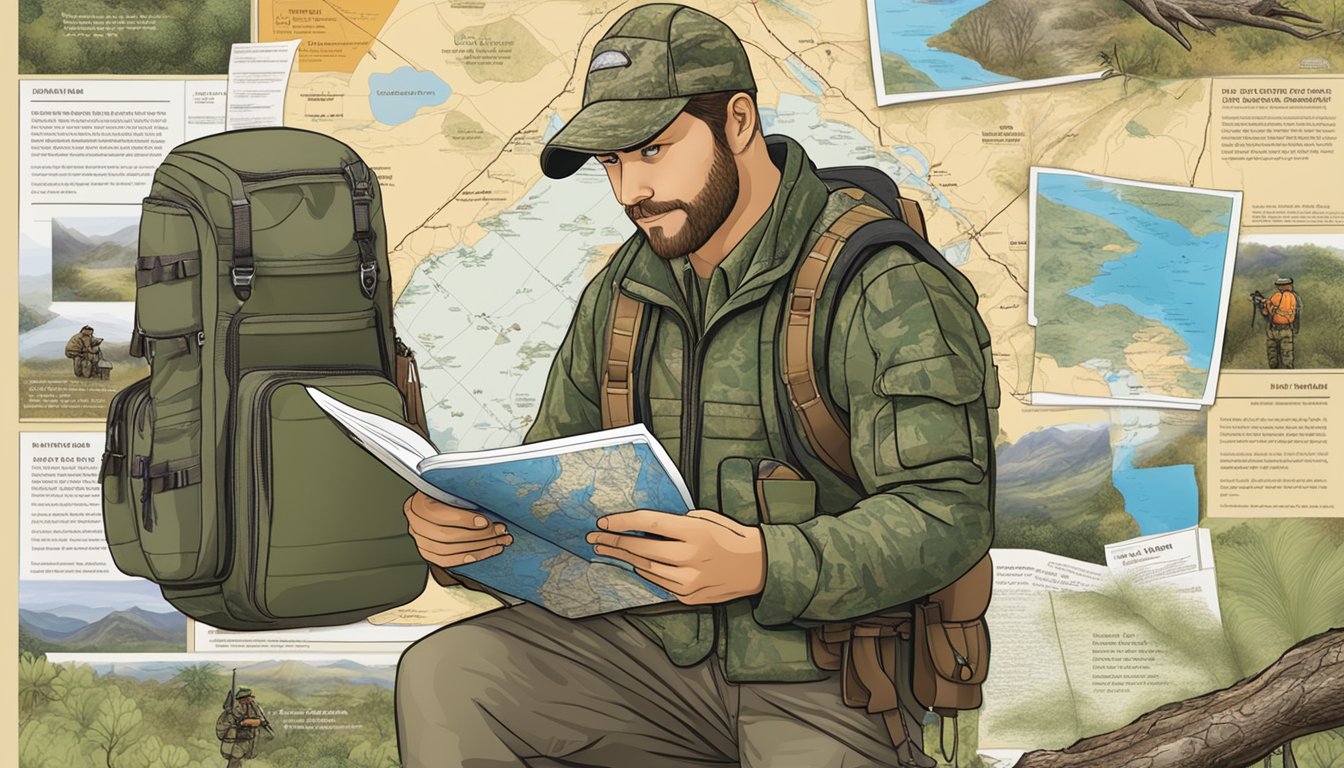 A hunter in camouflage gear studying a map of Hawaii's hunting regulations, surrounded by hunting gear and outfitter brochures