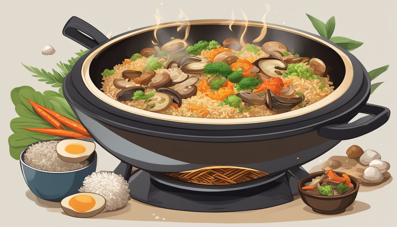 A sizzling wok filled with various types of rice, mixed with colorful and savory mushrooms, emanating a mouthwatering aroma