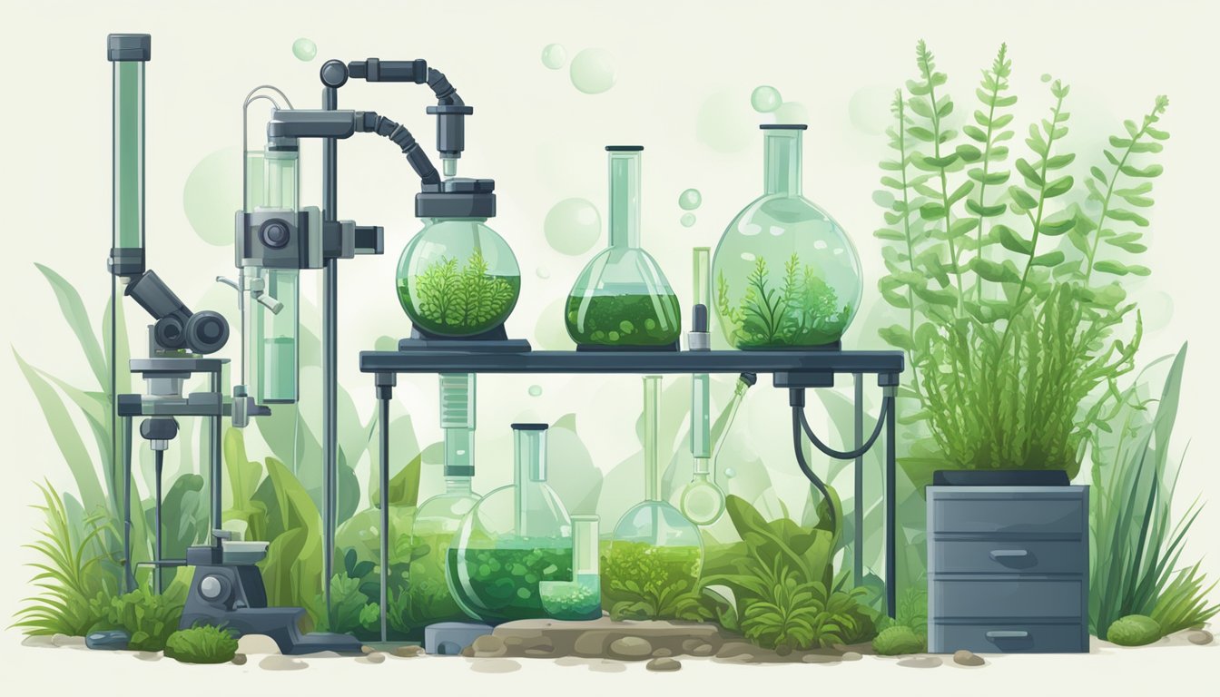 A laboratory setting with test tubes and microscopes, surrounded by freshwater plants and algae