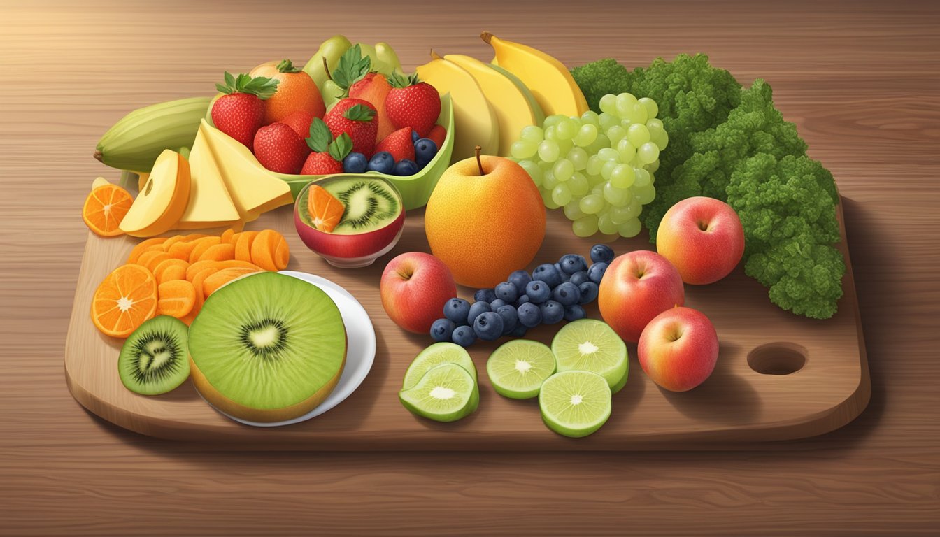 A colorful array of fresh fruit, whole grain crackers, and vegetable sticks arranged on a wooden cutting board, surrounded by vibrant napkins and a glass of water