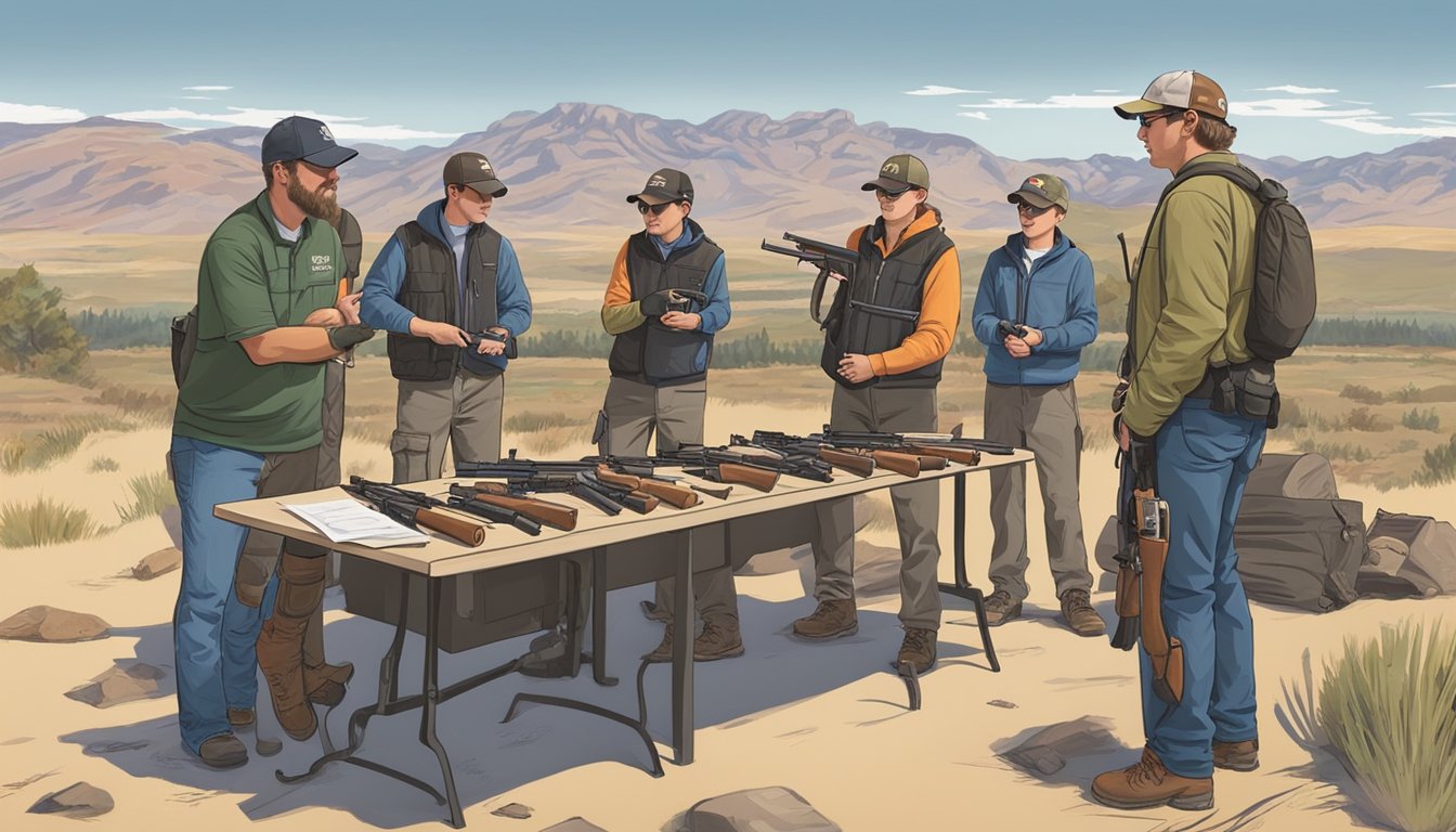 An instructor teaches firearm safety to a group of students at a Utah hunter education class, surrounded by hunting gear and educational materials