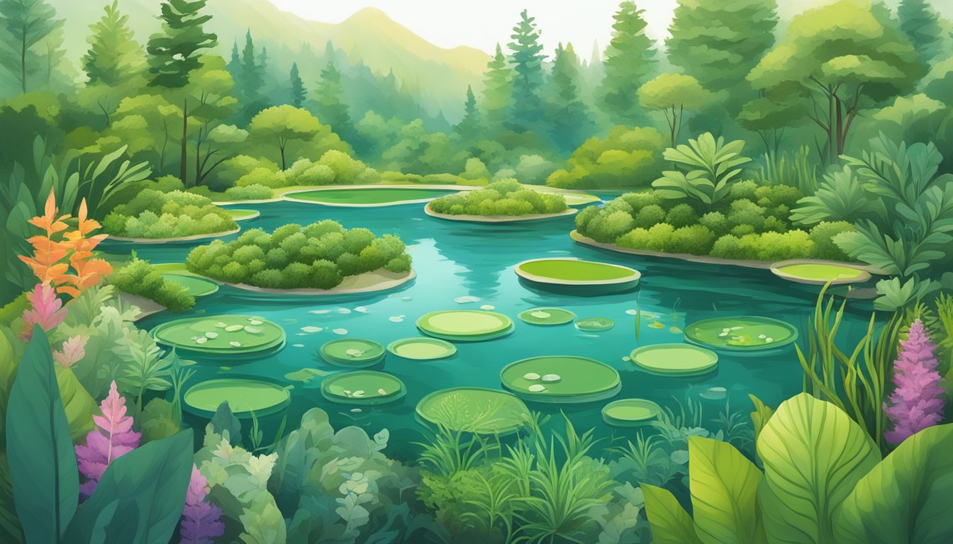 A lush, vibrant pond teeming with spirulina and chlorella algae, surrounded by diverse flora and fauna, showcasing the sustainable cultivation of freshwater superfoods