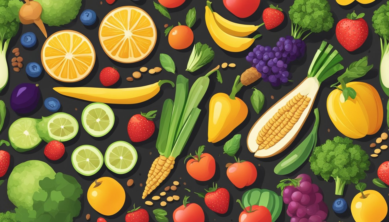 A colorful array of fresh fruits, vegetables, and whole grains arranged on a wooden cutting board