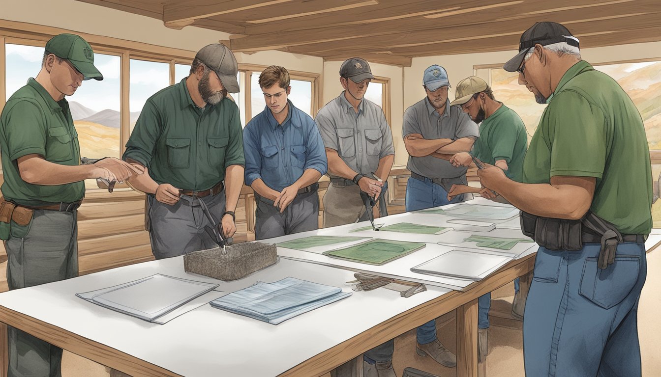 A group of individuals undergo hands-on training and evaluation for hunter education in Utah, with instructors demonstrating proper techniques and safety protocols