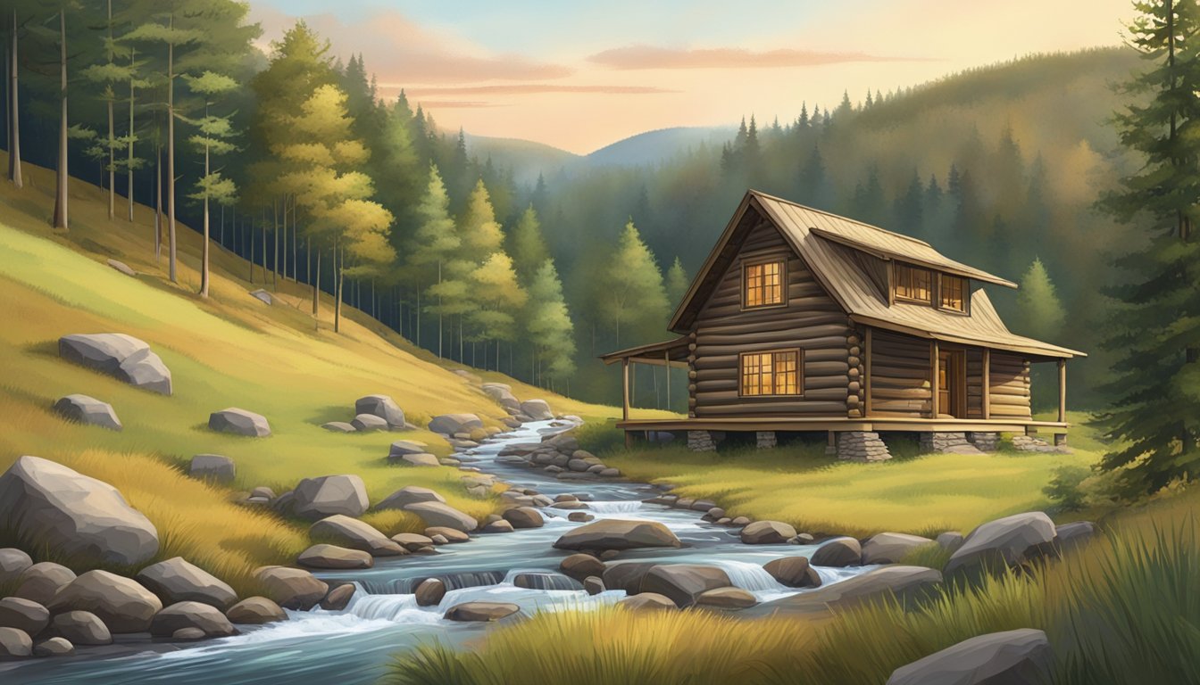 A forested landscape with rolling hills, a small hunting cabin, and a clear stream running through the property