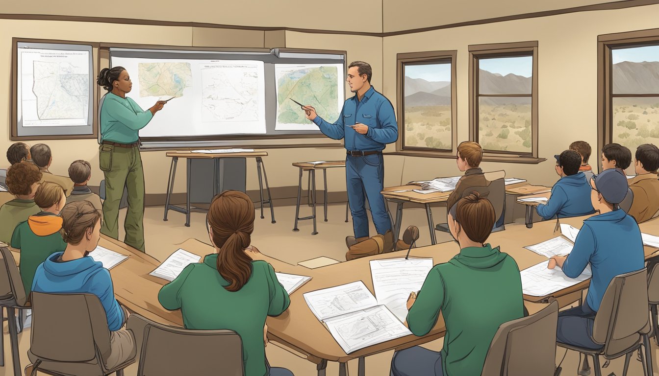 An instructor teaching a hunter education class in New Mexico, with students listening and taking notes, surrounded by illustrations of wildlife and safety guidelines