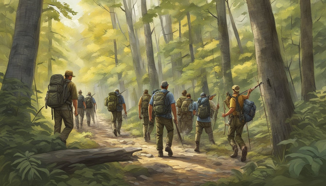 A group of bowhunters trek through the Indiana backwoods, surrounded by dense forest and wildlife