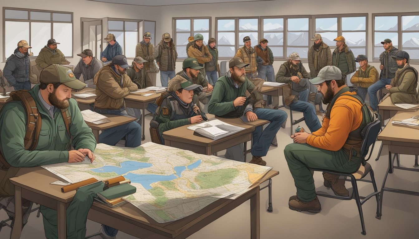 A group of hunters are gathered in a classroom, surrounded by maps, hunting gear, and educational materials. An instructor is leading a discussion on advanced skills and continuing education for hunting in Utah