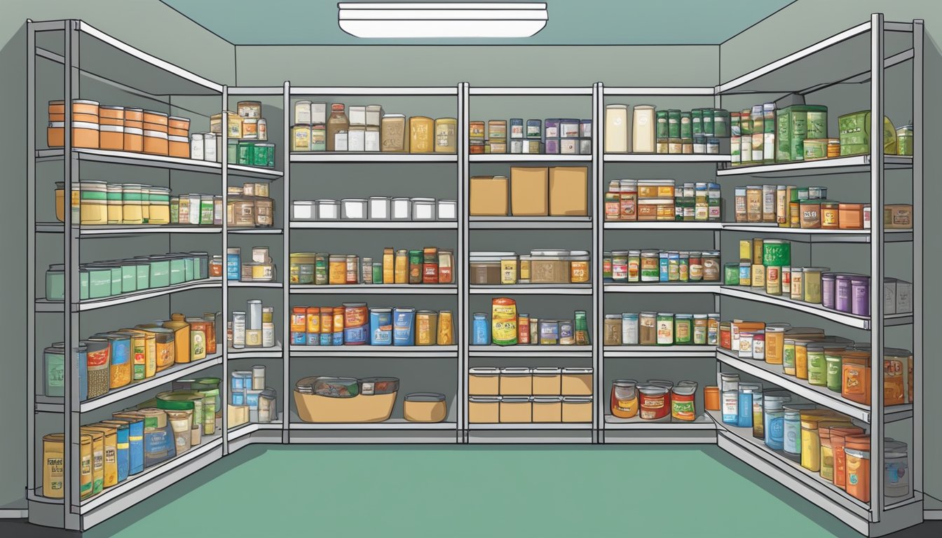 A pantry filled with non-perishable foods and canned goods, shelves stocked with supplies, a calendar marked with days in isolation