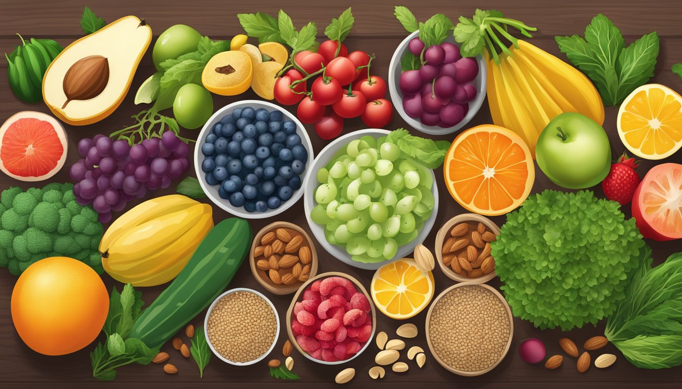 A colorful array of fruits, vegetables, nuts, and seeds arranged on a table, with a variety of whole foods and ingredients that could aid in allergy relief