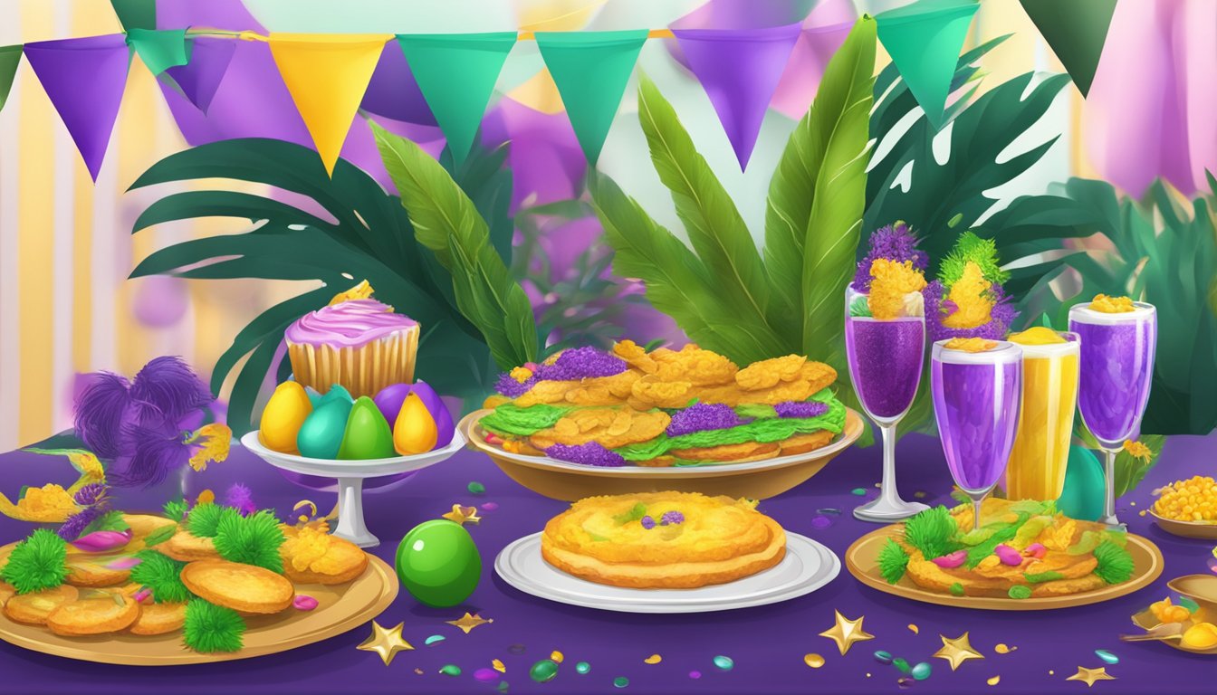 A festive table adorned with traditional Mardi Gras food and colorful decorations