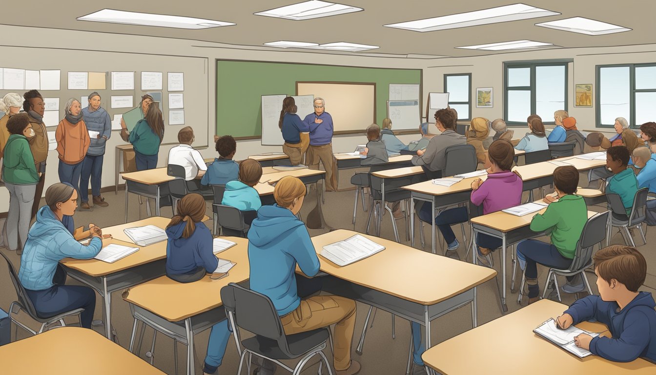 A group of individuals filling out forms and attending a classroom session on hunter education in North Dakota