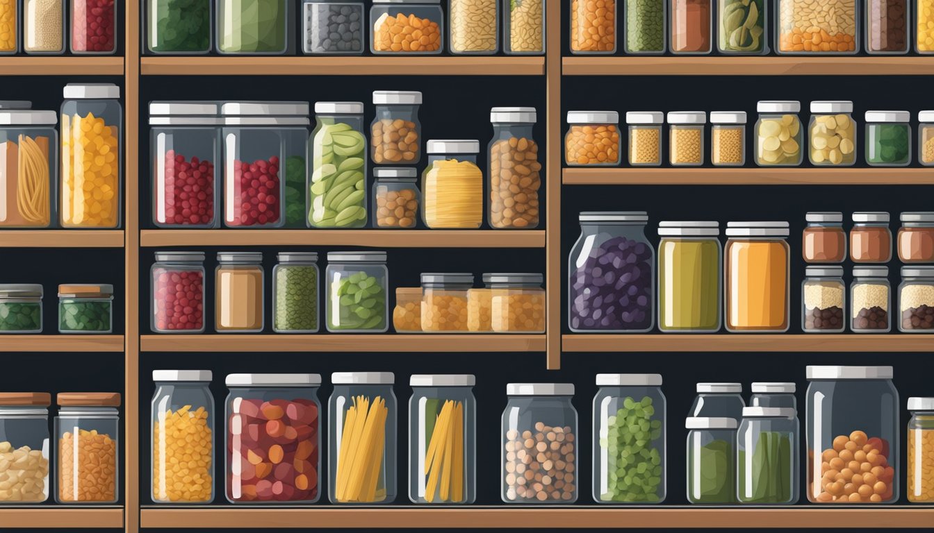 A pantry stocked with canned goods, dry pasta, rice, and other non-perishable items. Shelves neatly organized with jars of preserved fruits and vegetables