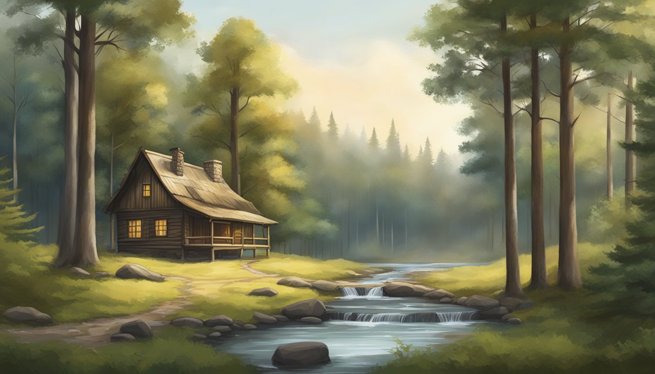 A serene forest clearing with a rustic hunting lodge, surrounded by tall trees and a peaceful stream