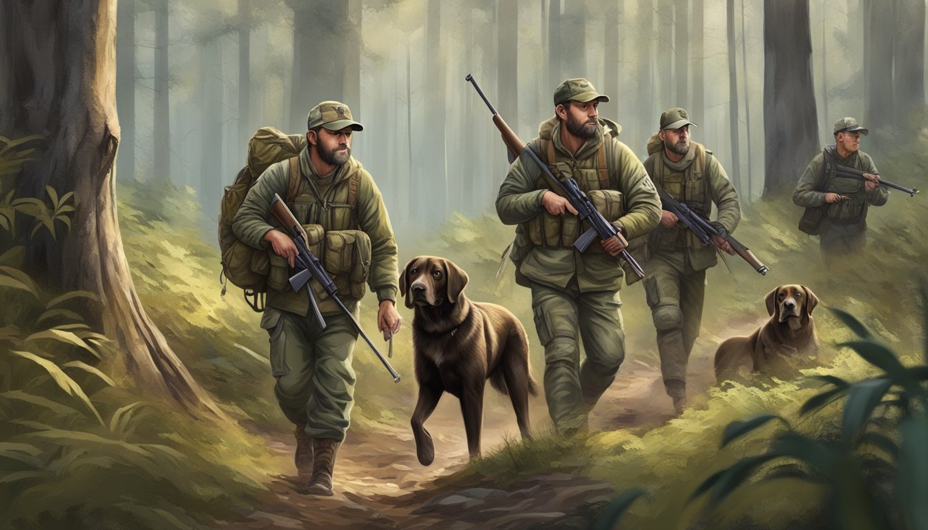 A group of hunters in camouflage gear trek through a dense forest, rifles in hand, as hunting dogs eagerly sniff the ground