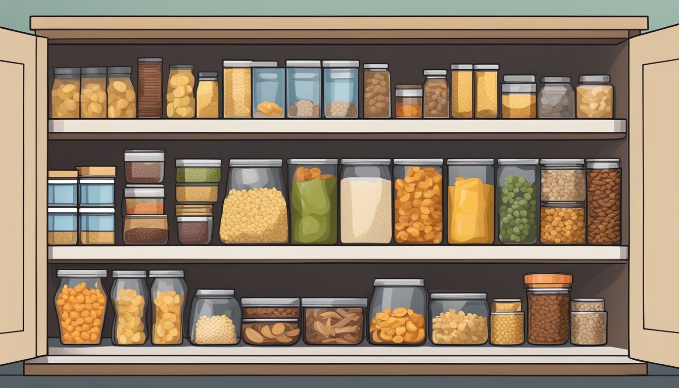 A pantry stocked with canned goods, dried fruits, nuts, and grains. A shelf of non-perishable items like pasta, rice, and beans