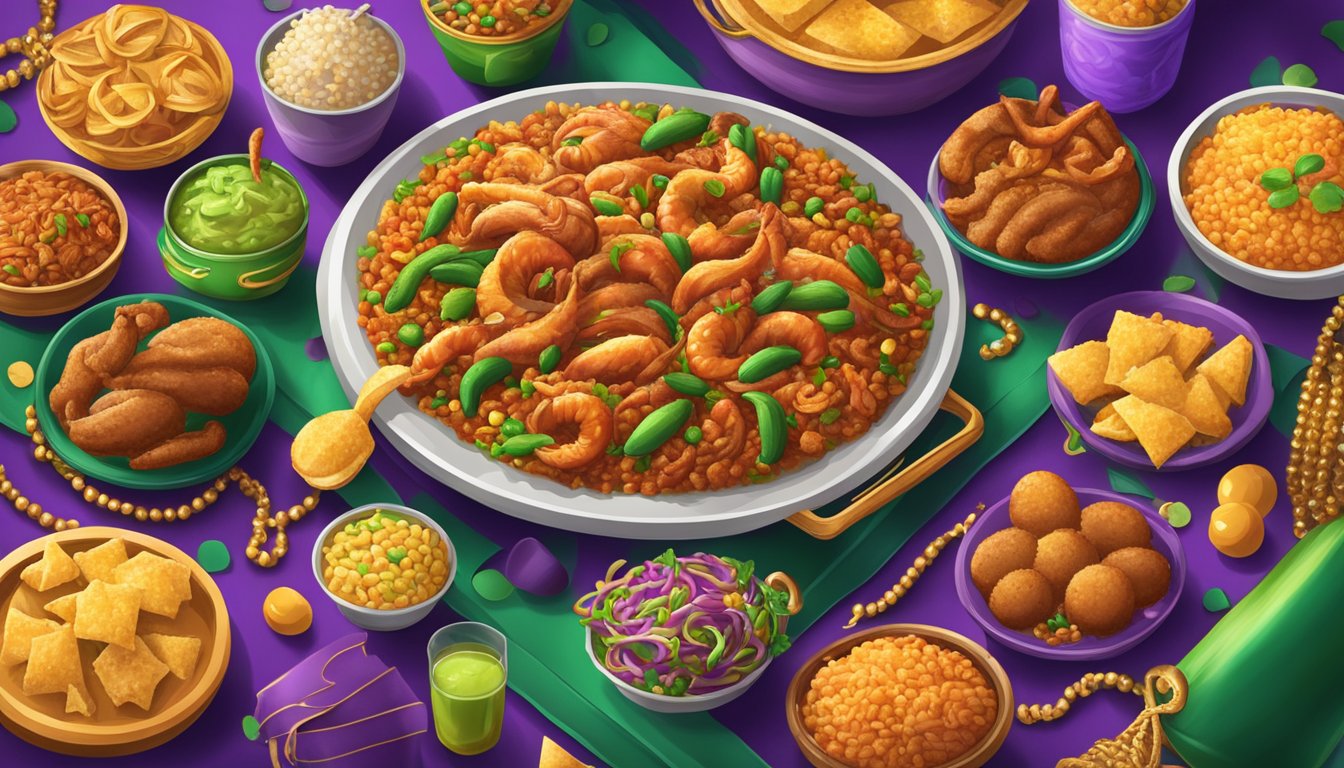 A colorful parade of traditional mardi gras foods, including jambalaya, gumbo, and king cake, surrounded by lively music and vibrant decorations