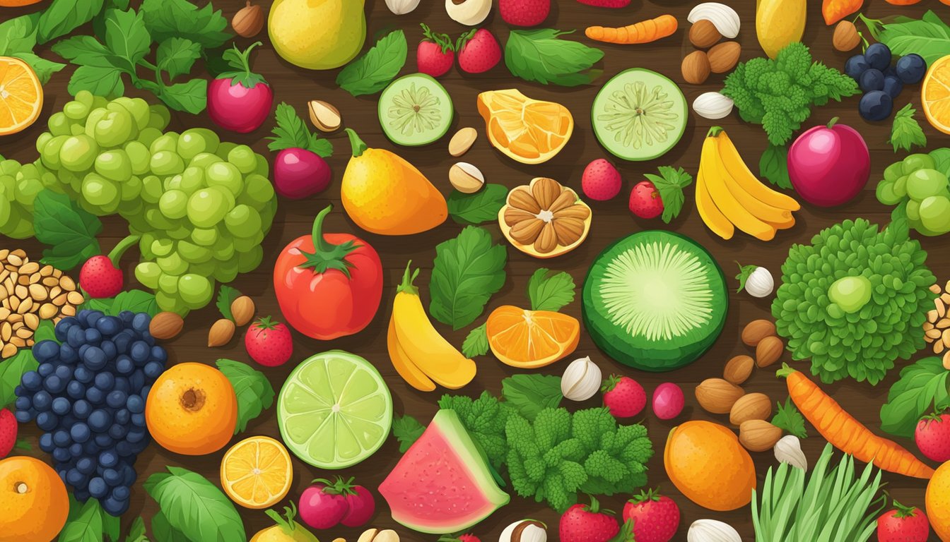 A colorful array of fresh fruits, vegetables, nuts, and seeds arranged on a wooden table, surrounded by vibrant green leaves and blooming flowers