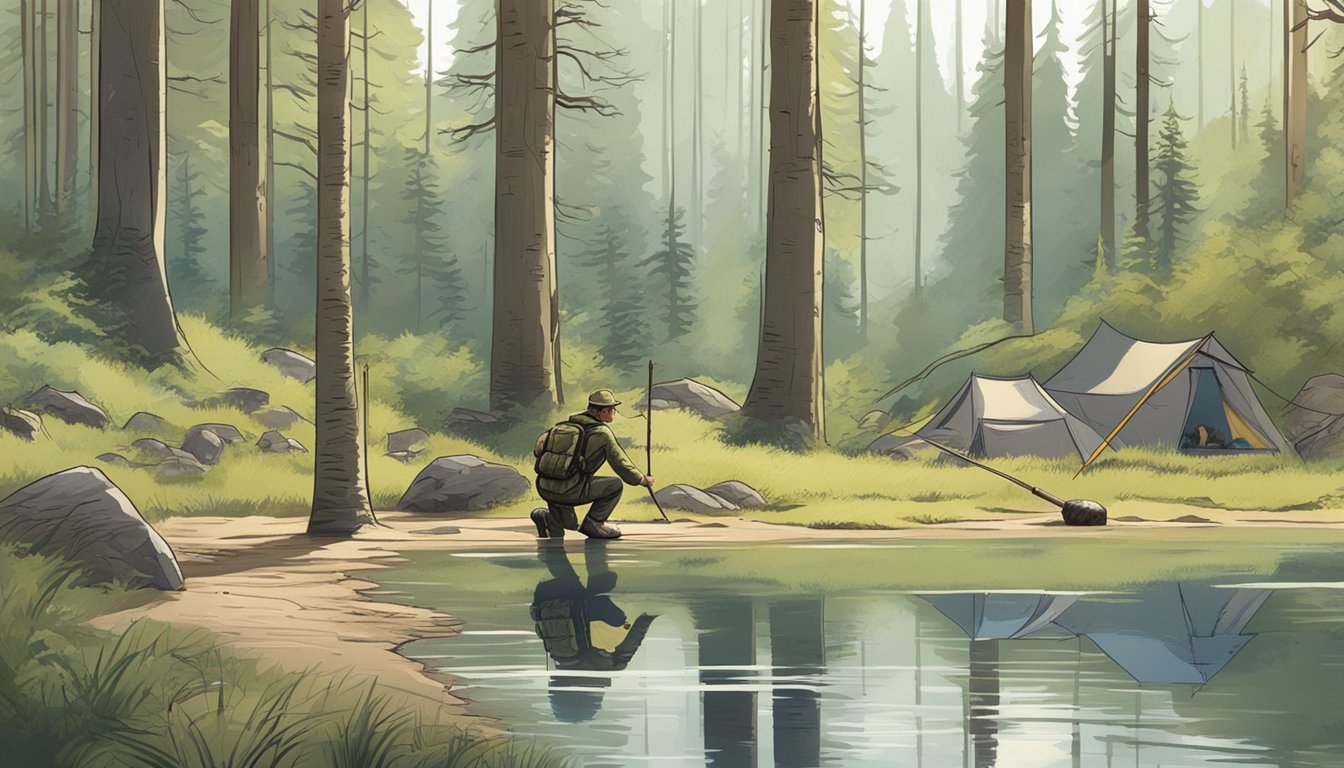 A hunter kneeling next to a well-organized campsite, surrounded by dense forest and a clear stream. A guide points out animal tracks in the dirt