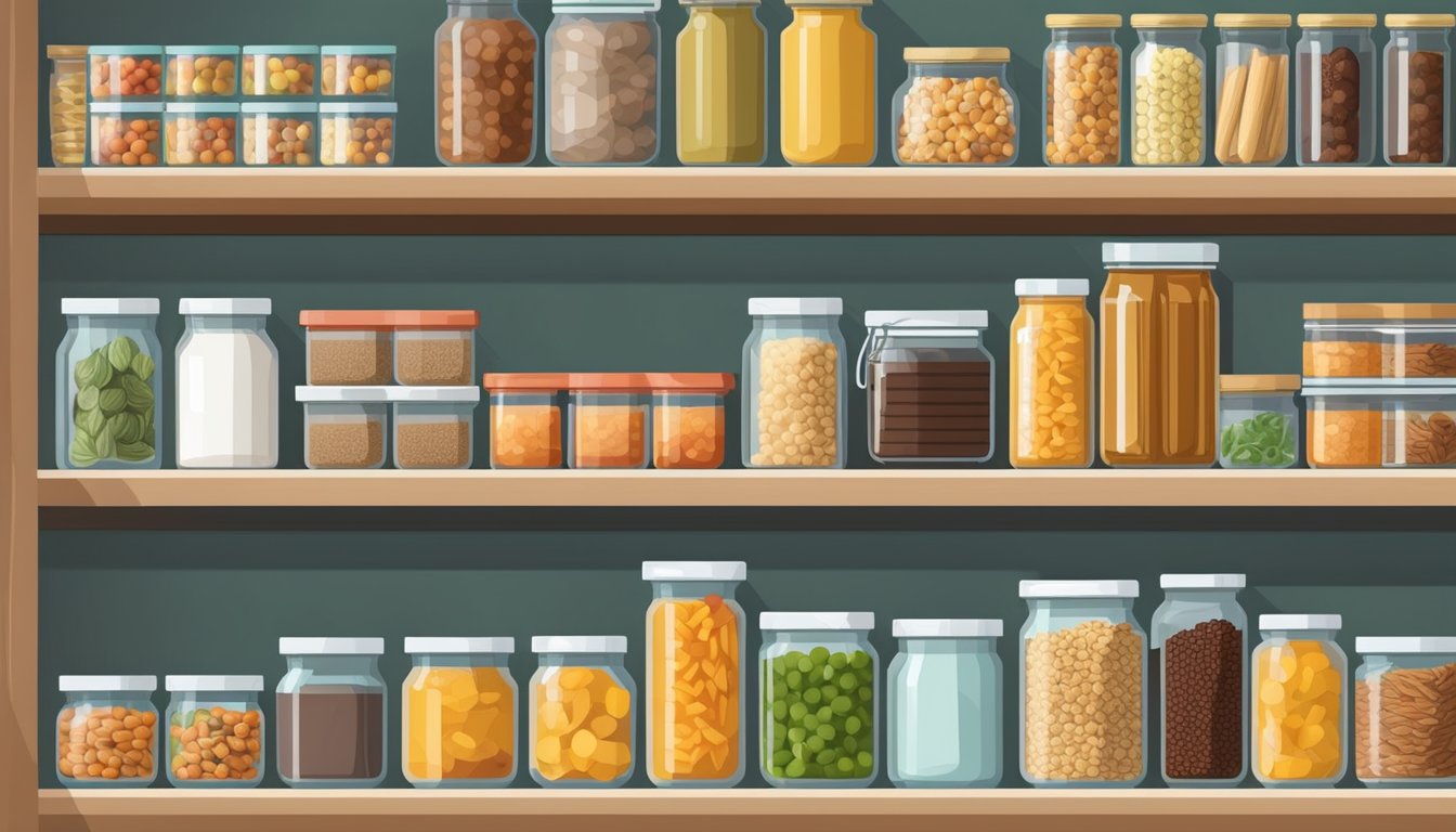 A well-stocked pantry with non-perishable foods like canned goods, grains, and dried fruits. A small kitchen with limited ingredients but plenty of healthy options for meals