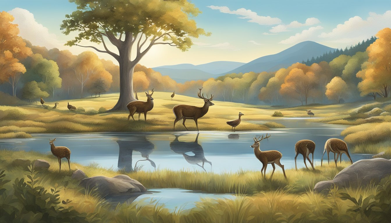 A serene woodland with deer, turkeys, and waterfowl, set against a backdrop of rolling hills and clear blue skies