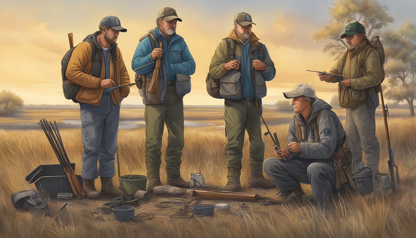 A group of individuals participating in a hunter education class in North Dakota, surrounded by outdoor equipment and educational materials