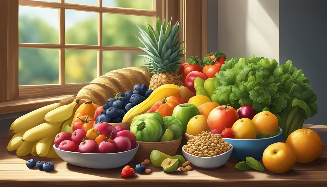 A colorful array of fresh fruits, vegetables, nuts, and whole grains arranged on a wooden table, with a soft natural light streaming in from a nearby window