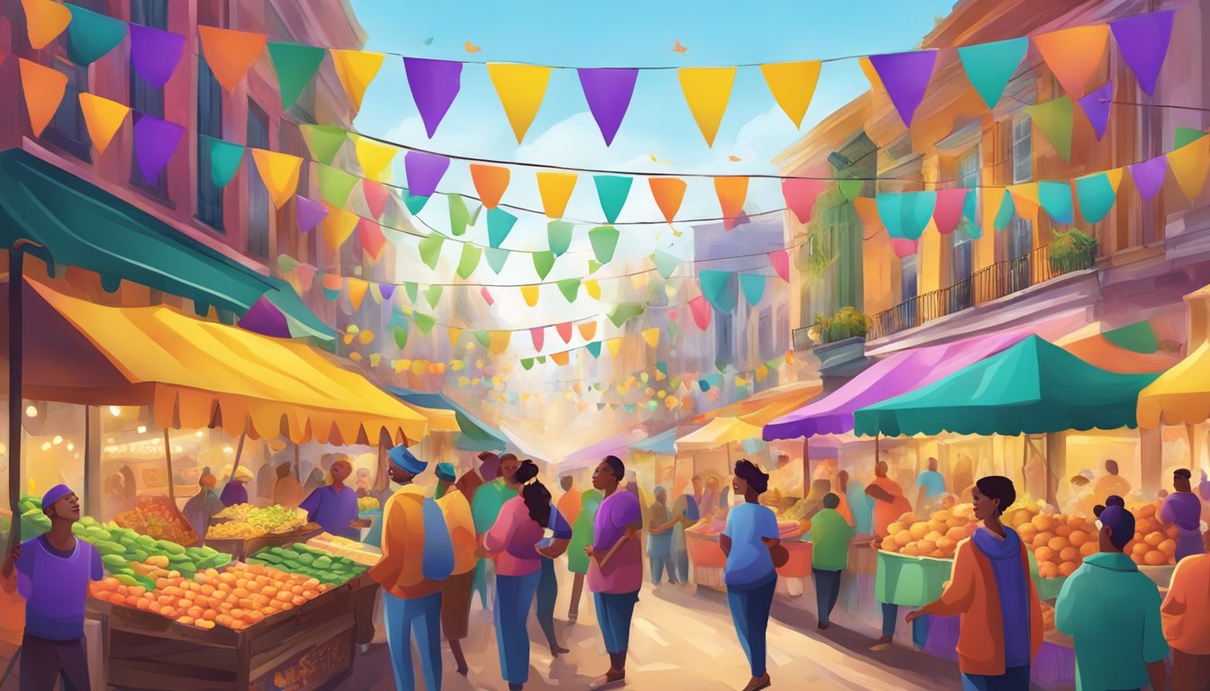 A colorful street market with vendors selling traditional Mardi Gras food and decorations, surrounded by lively music and dancing