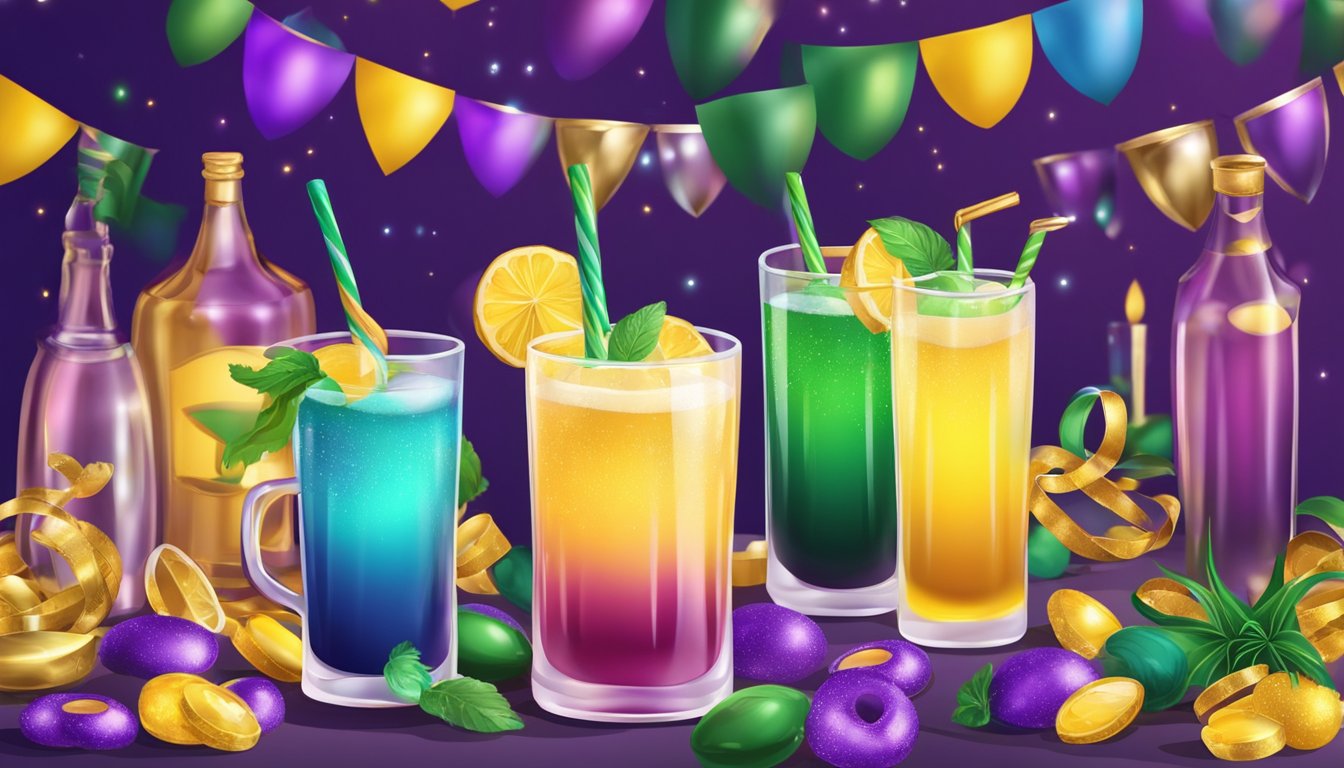 Colorful Mardi Gras drinks on a table with traditional food and festive decorations