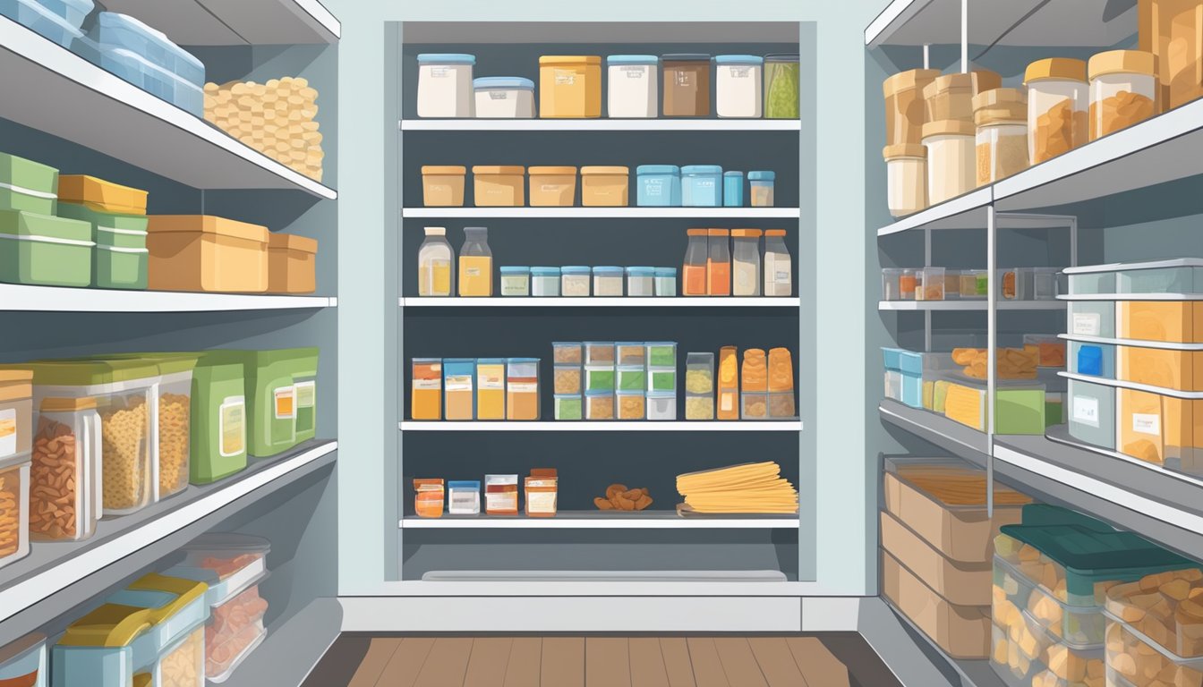 A pantry stocked with non-perishable items like canned goods, dried pasta, rice, and sealed snacks. A clean, organized space with labeled containers and a hand sanitizer nearby