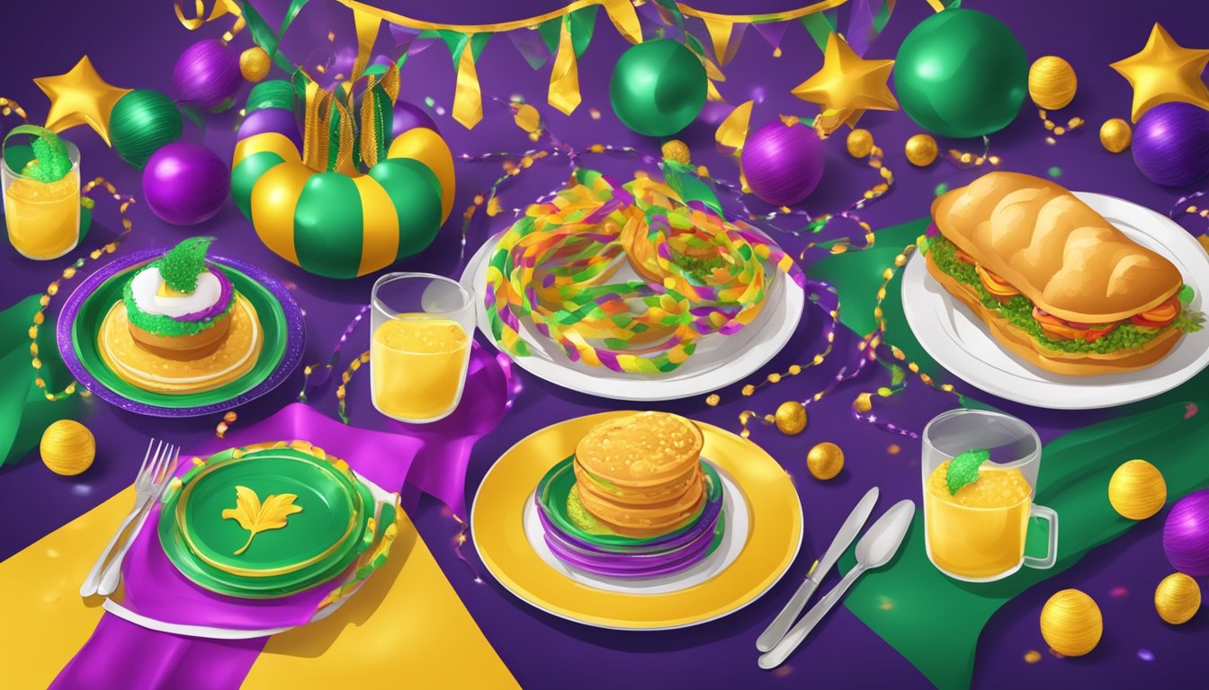 A table set with colorful plates of traditional Mardi Gras food, surrounded by festive decorations and streamers