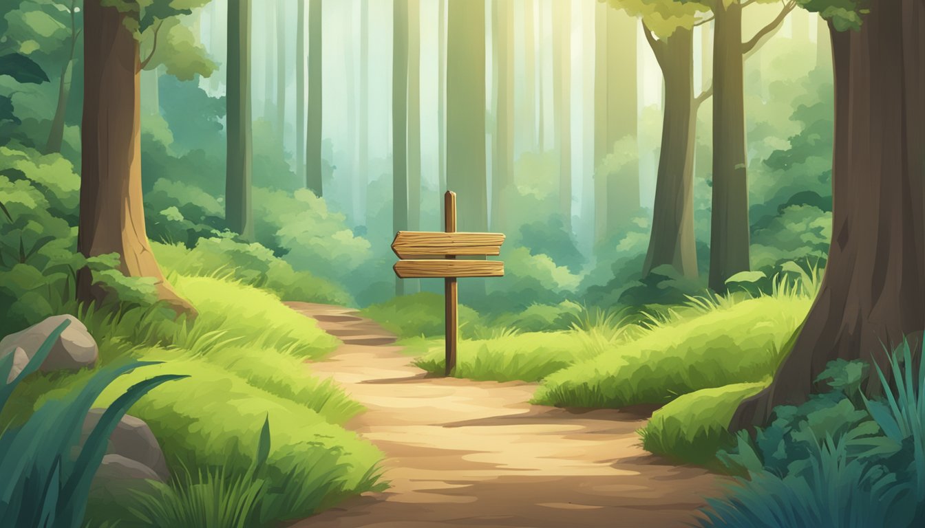 A serene forest clearing with a wooden signpost and a map, surrounded by lush greenery and wildlife