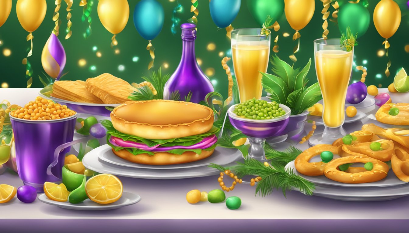 A festive table set with colorful traditional Mardi Gras food and drinks