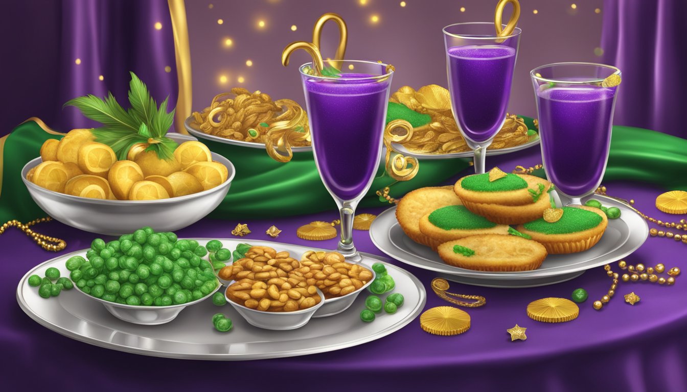 A festive table set with traditional Mardi Gras foods and drinks, adorned with the traditional colors of purple, green, and gold