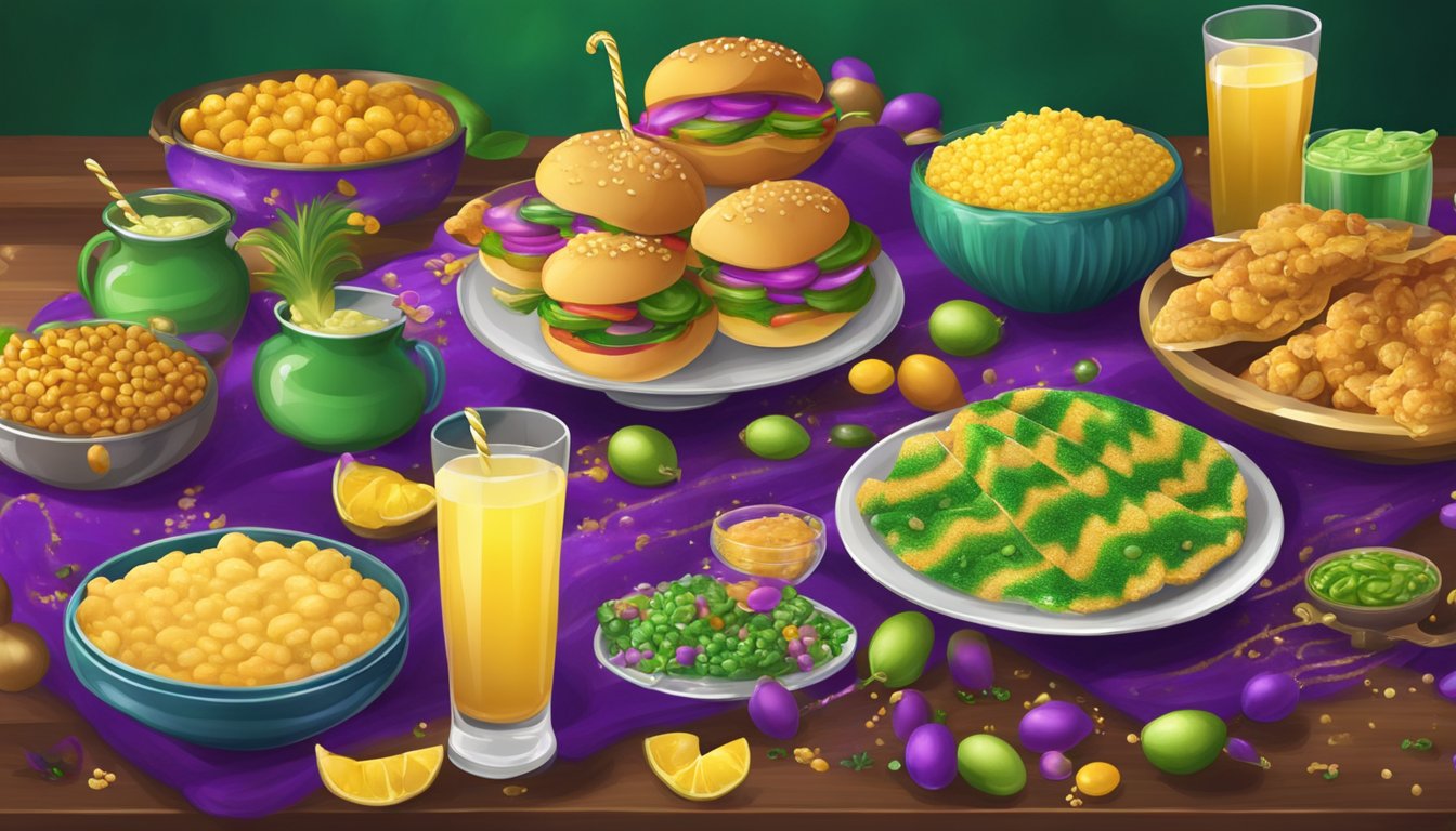 A festive Mardi Gras table filled with colorful traditional foods and drinks