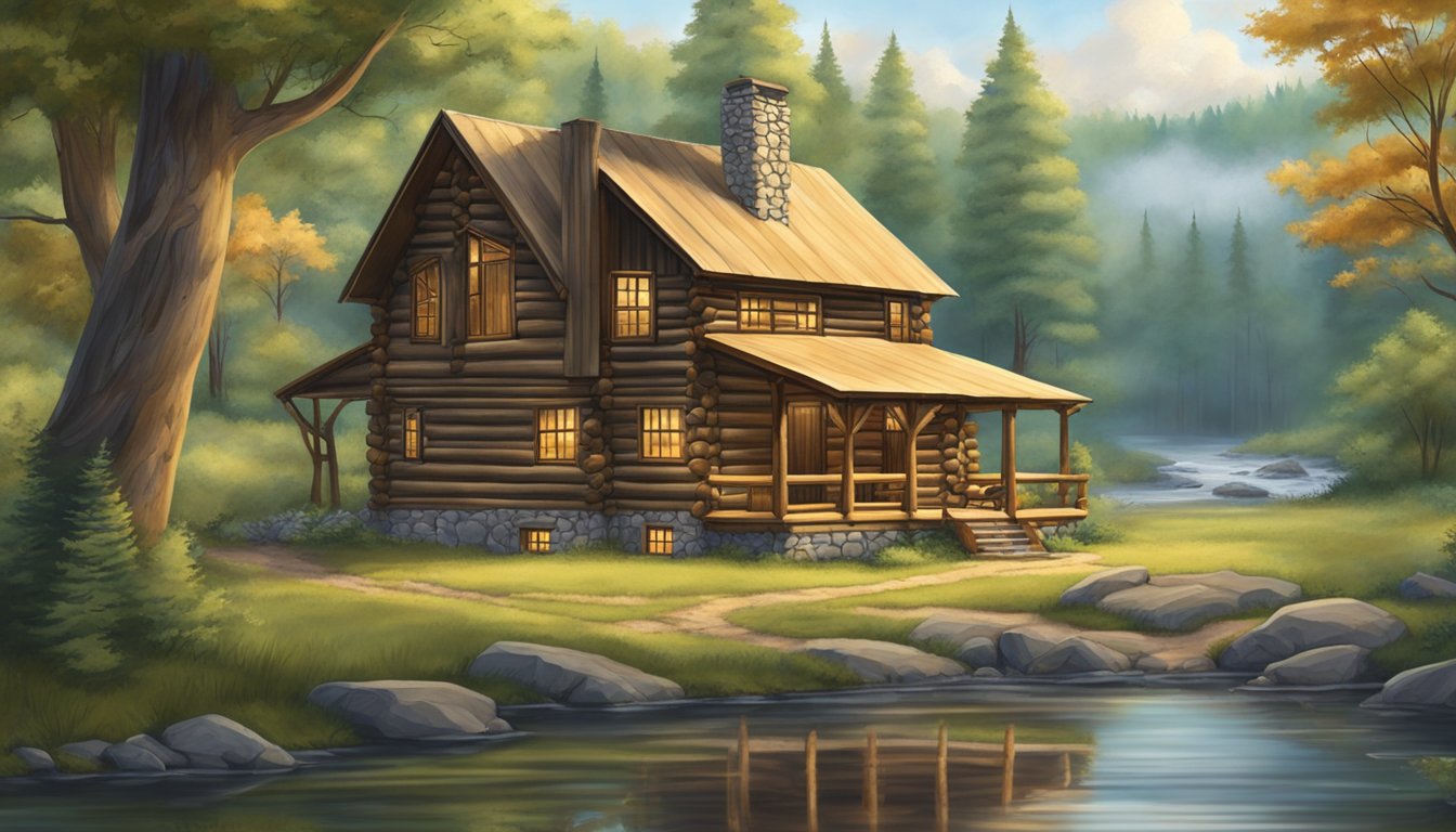 A cozy log cabin nestled in the Kentucky wilderness, surrounded by towering trees and a tranquil stream. A hunter's paradise